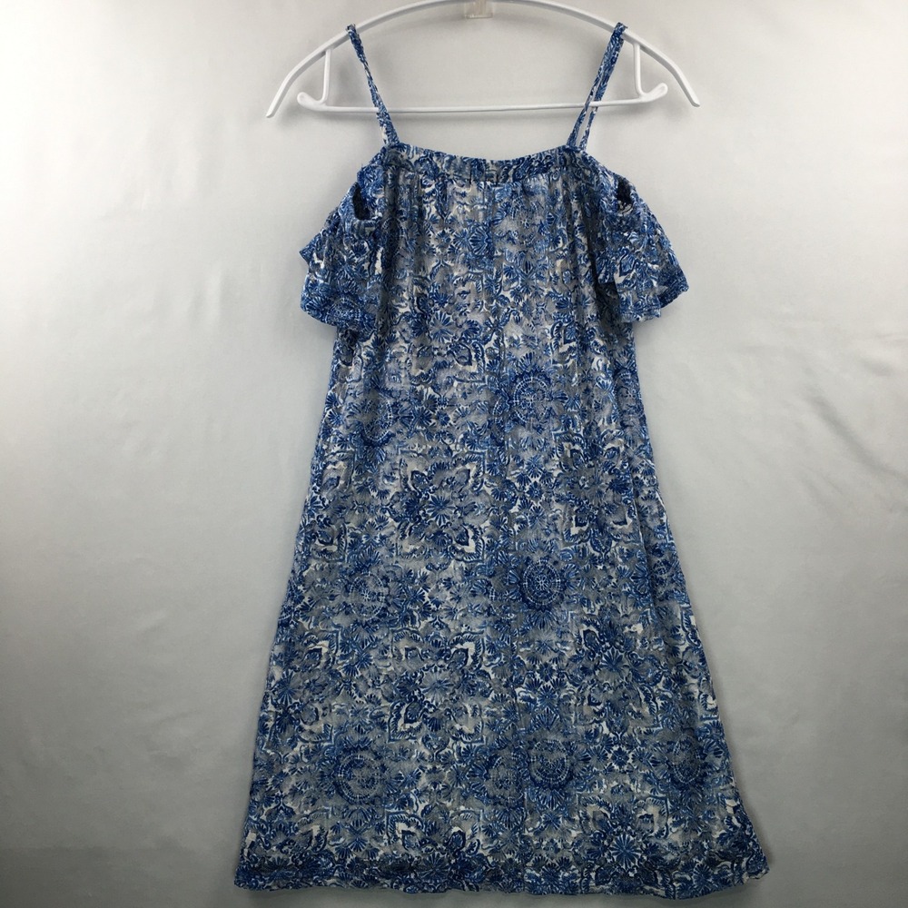 Bohemian style sun dress womens XS Blue Ivory Floral Lace Cold Shoulder Mini - Picture 9 of 9